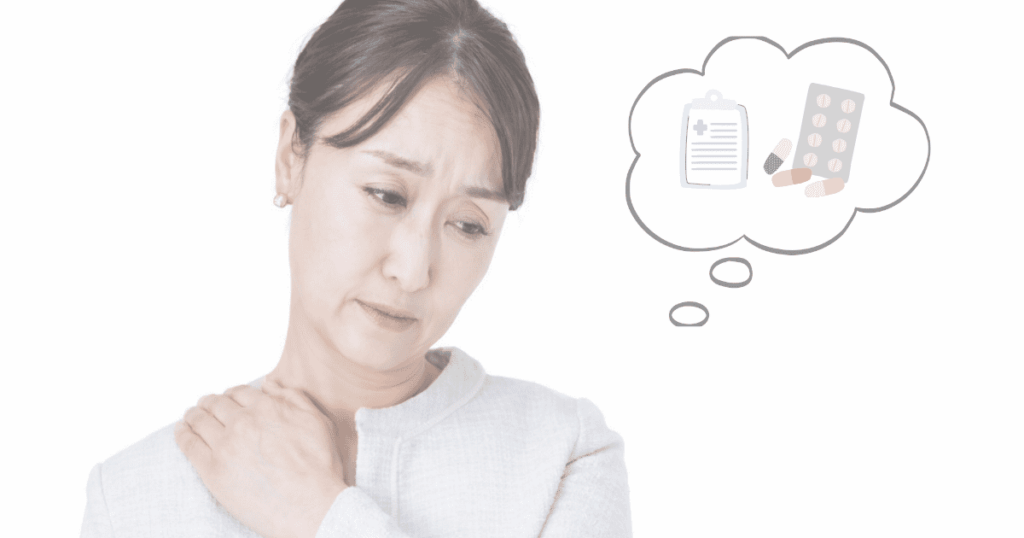 薬を続けているのに不安が消えない状態をやさしく表したイラスト（耳・首まわりの緊張）