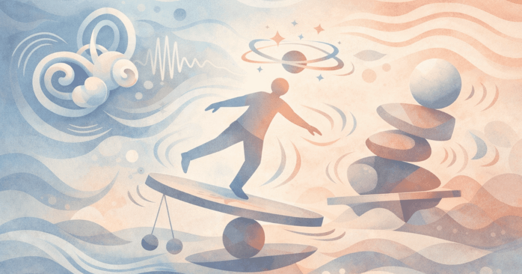ゆるやかに揺れる抽象イラスト。メニエール病と体のバランスの関係をイメージ