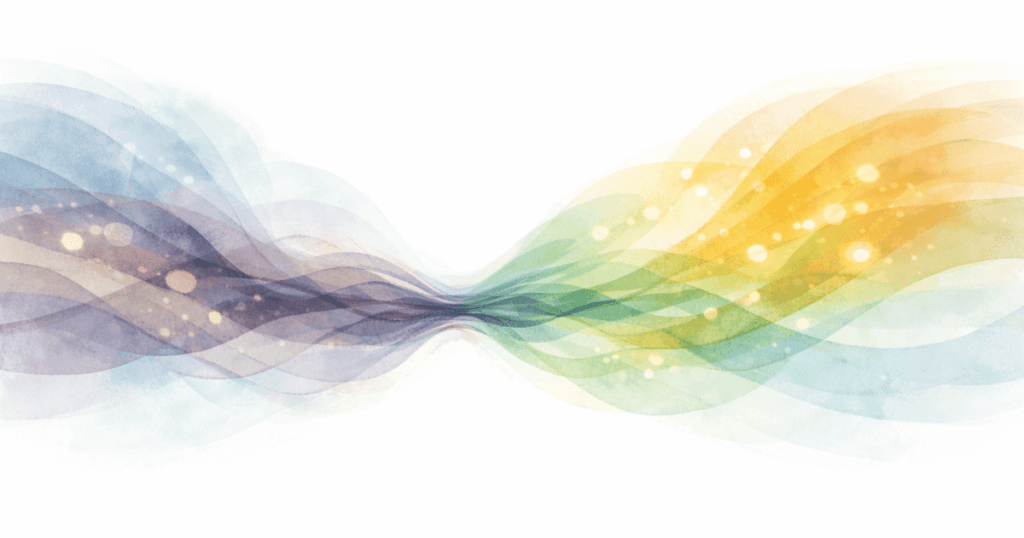 中央がやや圧縮され、徐々に広がる抽象イラスト。体のゆるみから整いへ向かう流れを表現