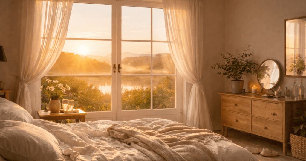 やわらかな朝日が広がる風景。体が少しずつ整っていくイメージ